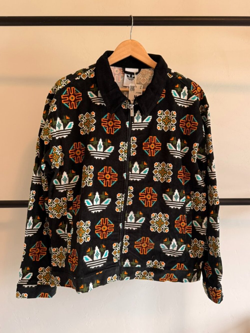 Adidas Black Ccorduroy Monogram Allover Print Loose Coach Jacket M - Picture 8 of 16